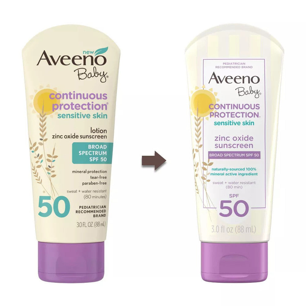 Aveeno Baby Continuous Protection Sensitive Broad Spectrum Skin Lotion Sunscreen SPF 50, 3 oz
